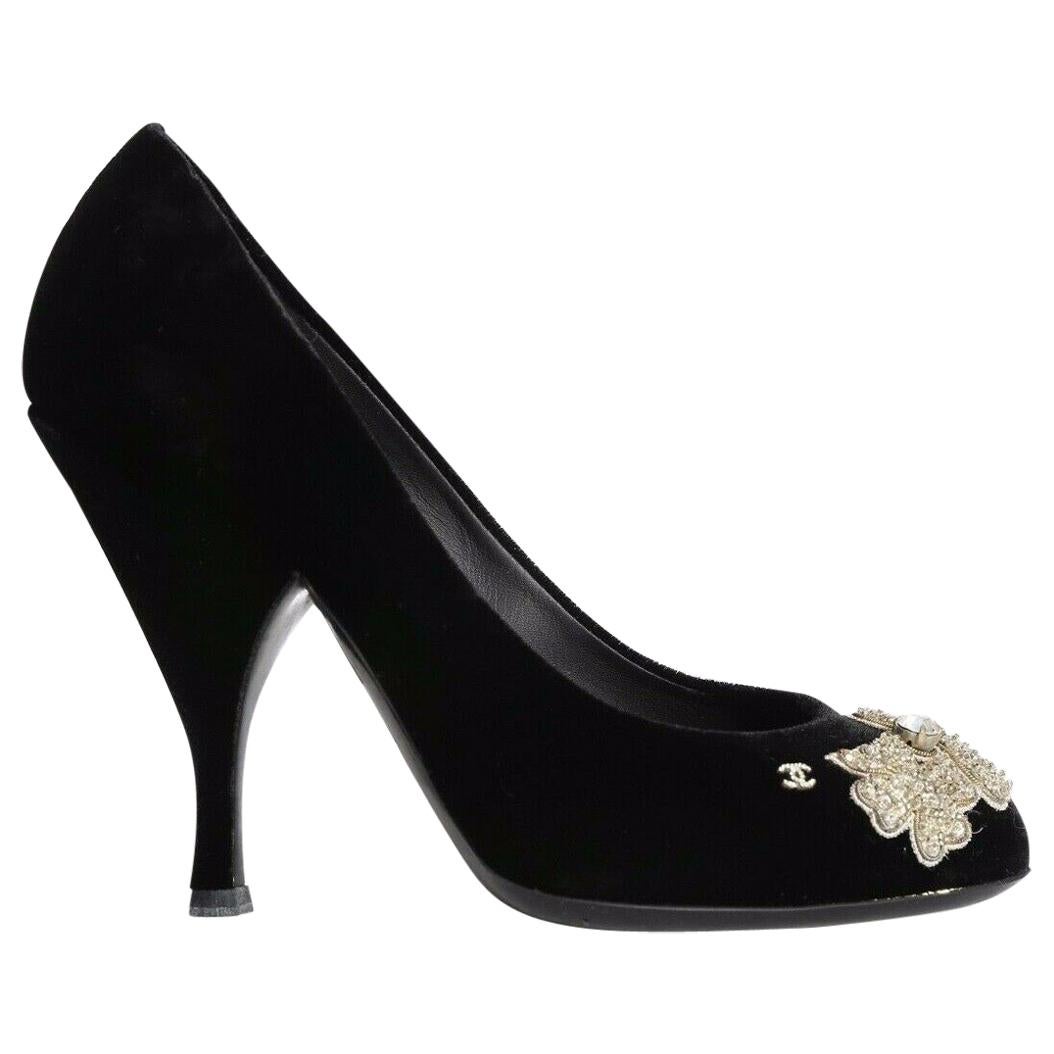 CHANEL black velvet crystal embellished bow brooch pumps heels EU36 US6 UK3