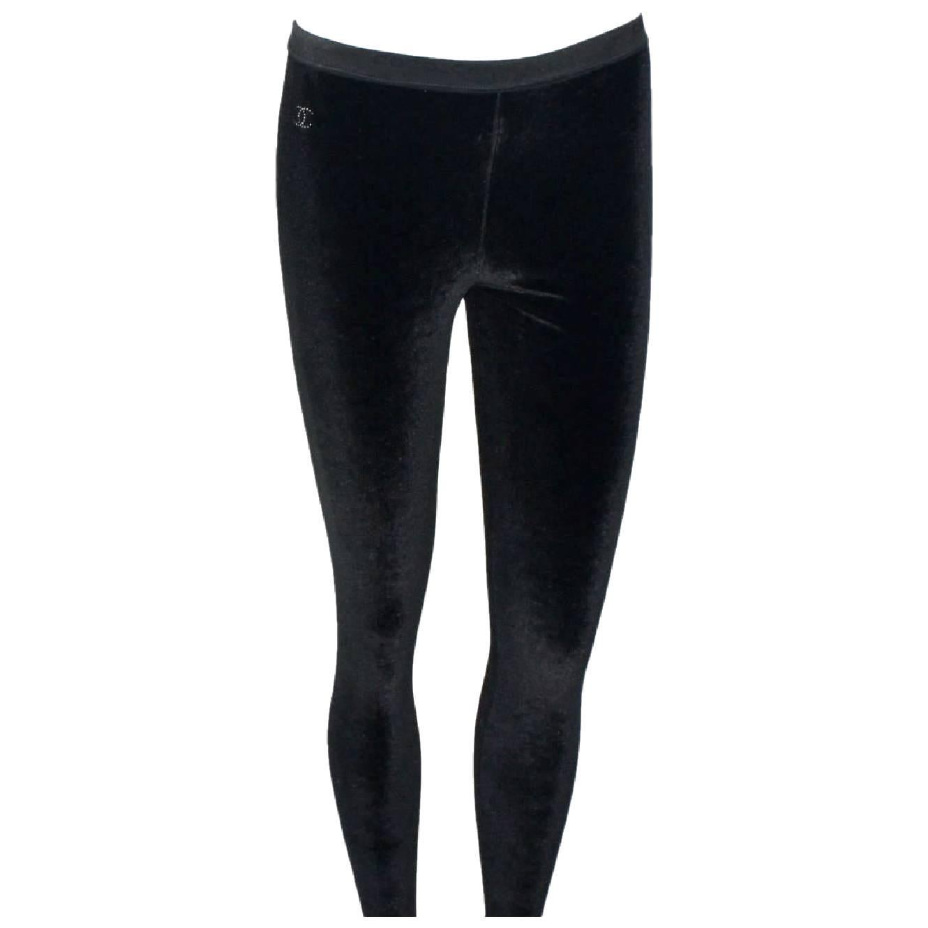 Chanel Black Velvet Crystal Logo CC Footed Leggings Pants with Coco Chanel