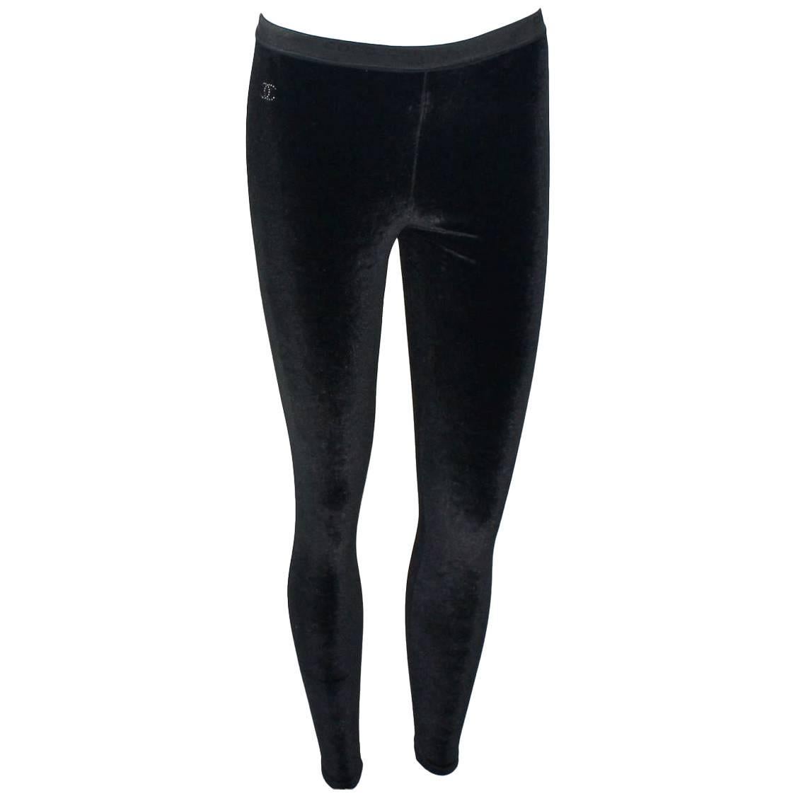 Chanel Black Velvet Crystal Logo CC Leggings Pants with Coco Chanel Waistband