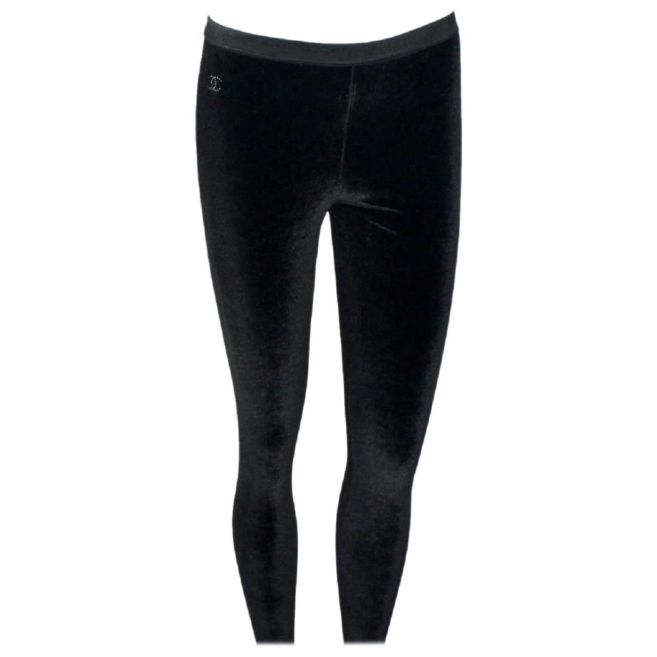 Chanel Black Velvet Crystal Logo CC Leggings Pants with Coco Chanel Waistband