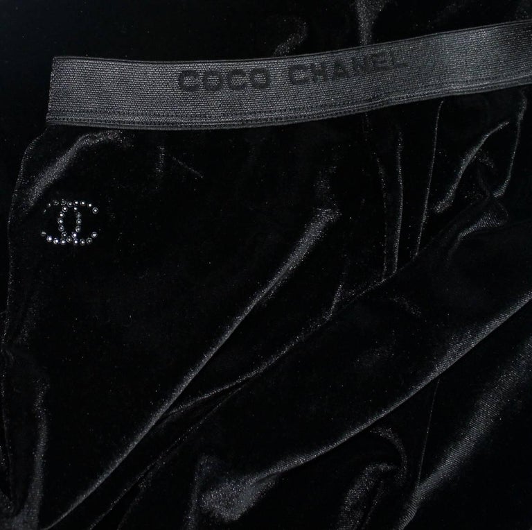 Chanel Black Velvet Crystal Logo CC Leggings Pants with Coco