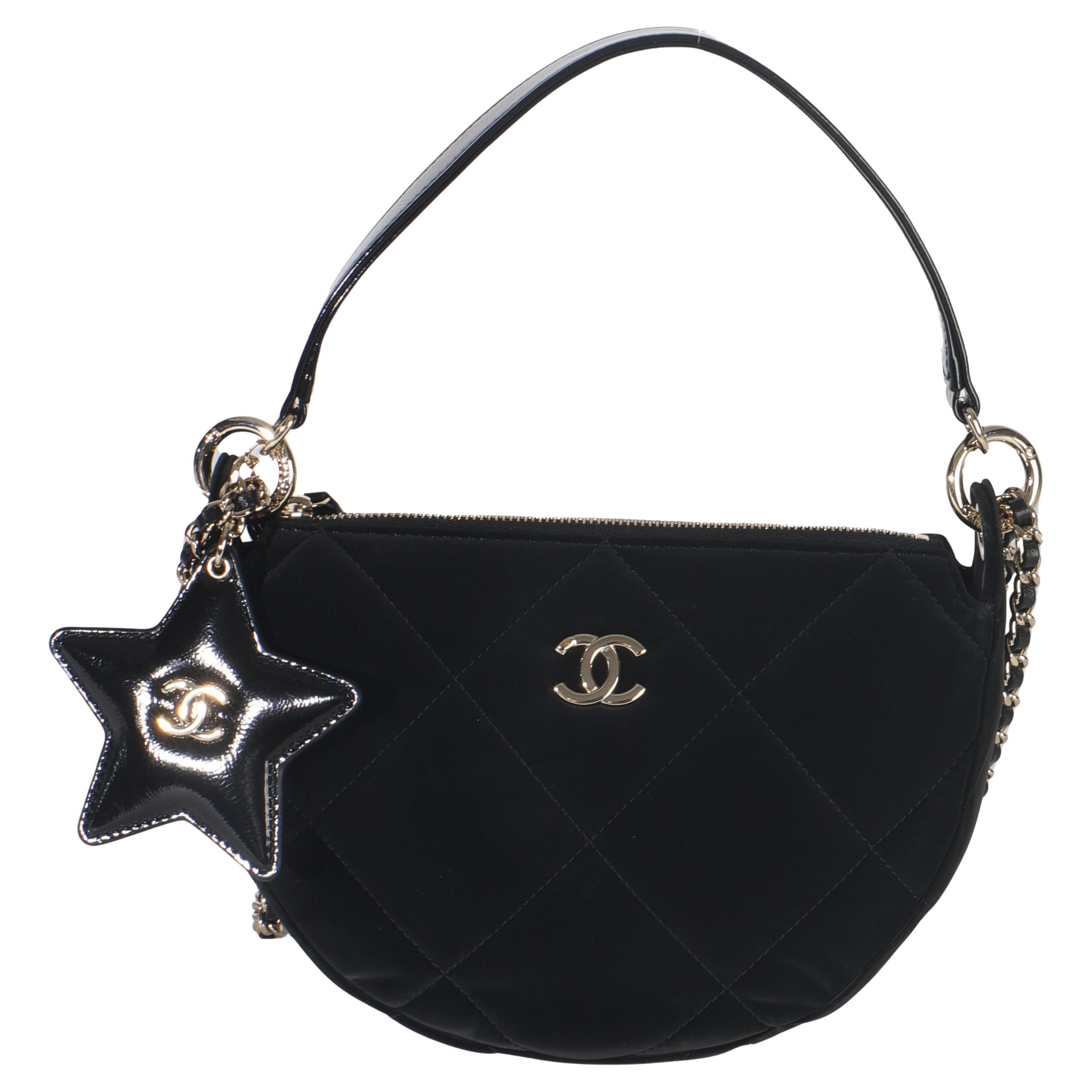 Chanel Black Velvet Effect Nylon Clutch with Chain For Sale