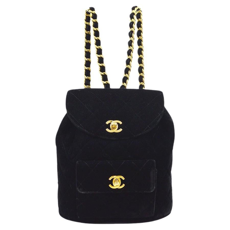 CHANEL Black Velvet Gold Hardware Evening Shoulder Backpack For Sale