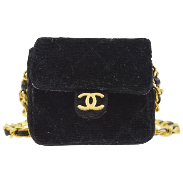 Chanel Black Velvet Gold Small Micro Mini Party Crossbody Shoulder Flap