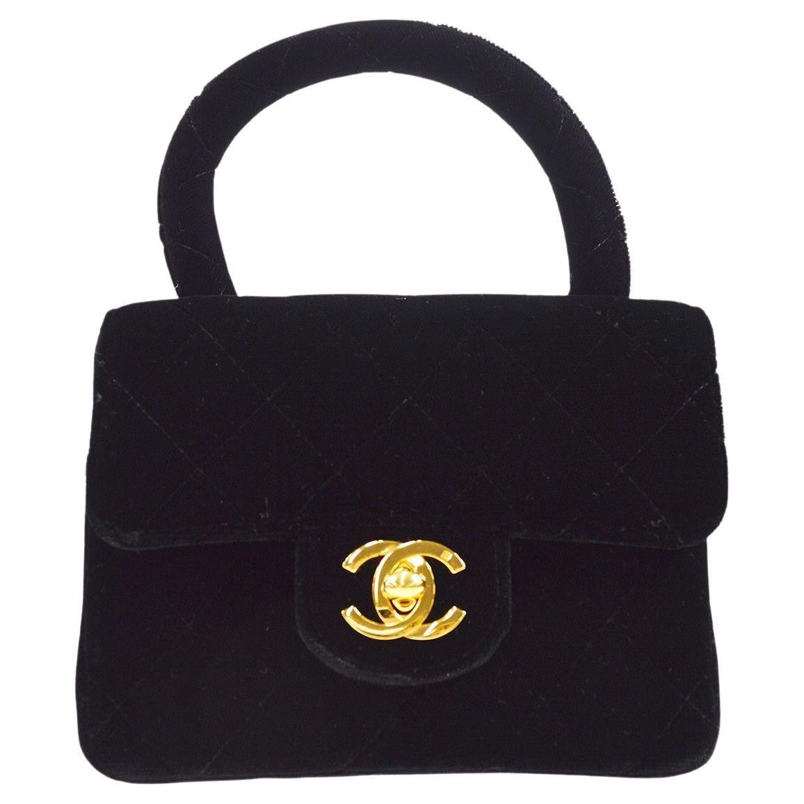 CHANEL Black Velvet Gold Small Mini Micro Kelly Top Handle Flap Bag