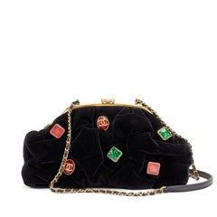 CHANEL Black Velvet Green Red Gripoix Pouch Charm Gold Hardware Shoulder Clutch