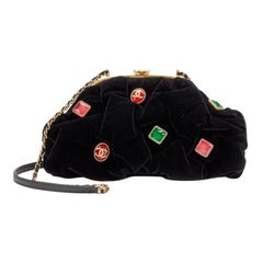 CHANEL Black Velvet Green Red Gripoix Pouch Charm Gold Hardware Shoulder Clutch