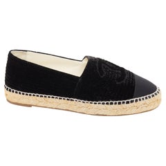 CHANEL black velvet grosgrain CC logo cap toe slip on flat espadrilles EU39