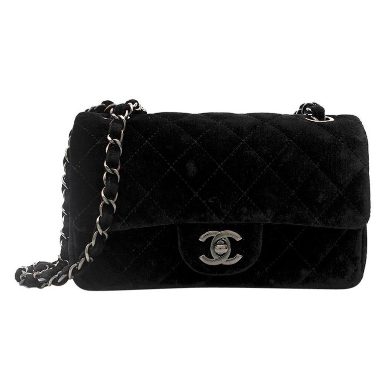 Chanel Classic Quilted Mini Square Flap CC Logo Black Velvet Shoulder Bag