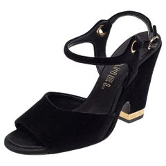Chanel Black Velvet Open Toe Slingback Sandals Size 37.5