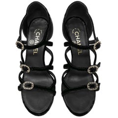 Chanel Black Velvet Patent Leather Strappy Buckle Sandals G32406 37 CC Logo