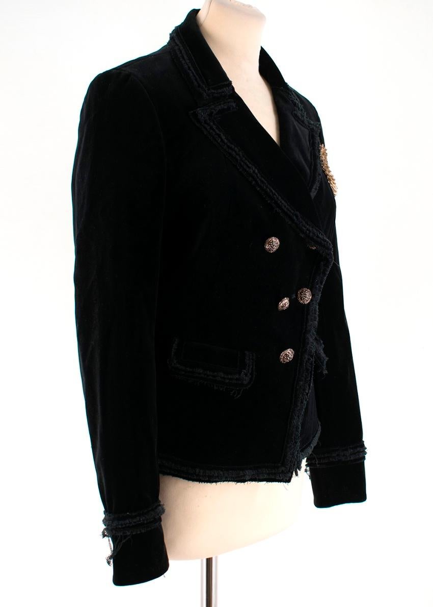 Chanel Black Velvet Runway Jacket - As worn by Claudia Schiffer

Runway 2010 Spring Collection
Raw Edges
CC Logo embellished crest
99% Cotton, 1% Spandex
Lining 100% Silk

Please note, these items are pre-owned and may show signs of being stored