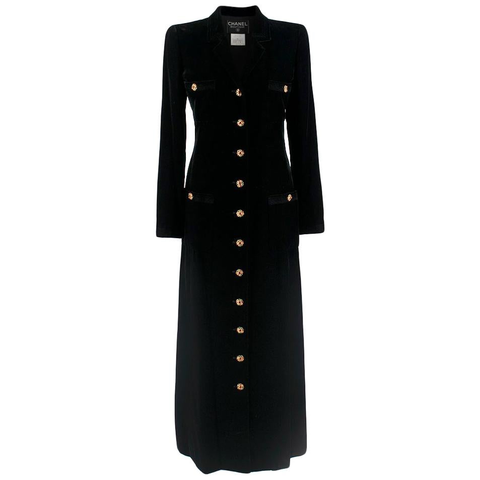 Chanel Black Velvet Runway Longline Coat W/ Jewelled Buttons SIZE S