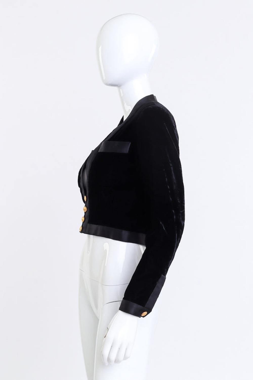 Women's Chanel Black Velvet & Satin Trim Crop Jacket (US 2-4) For Sale