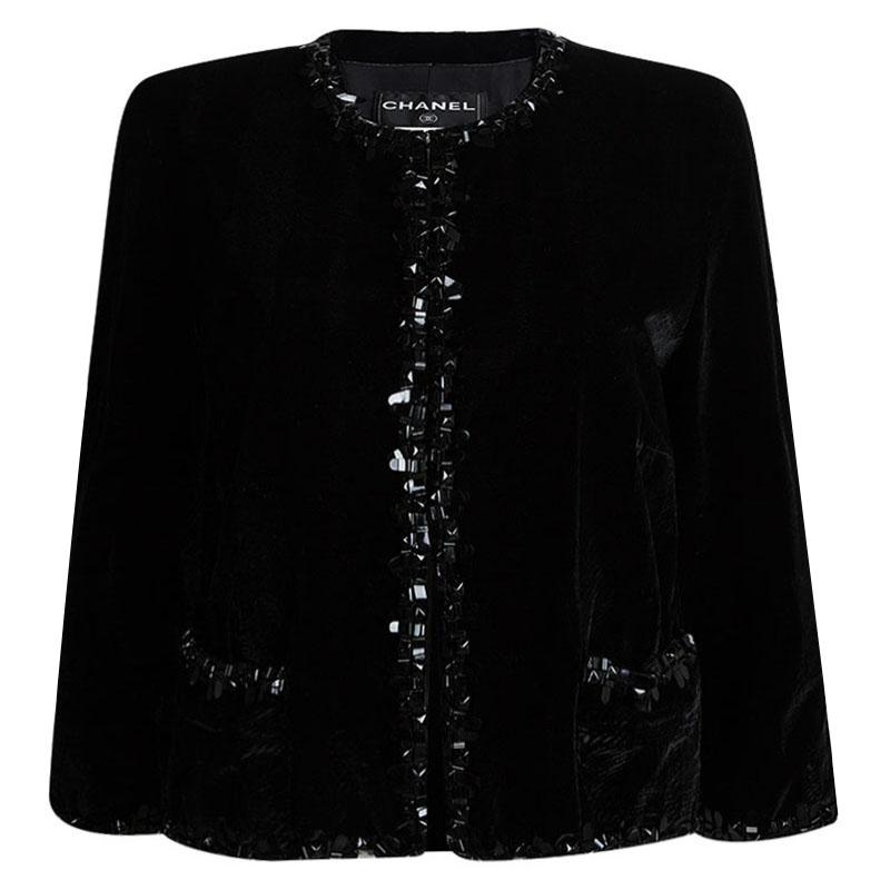 Chanel Black Velvet Trim Embellished Boucle Jacket XXL