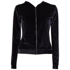 CHANEL black velvet ZIP-FRONT Hooded Cardigan Sweater L