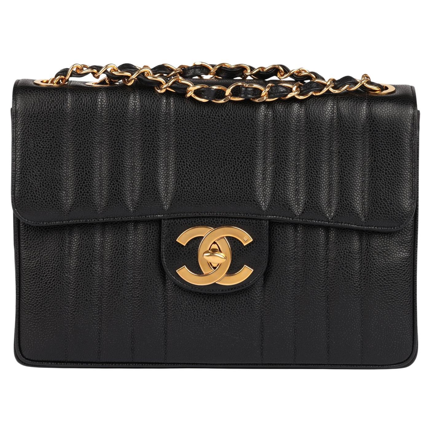 Chanel Black Vertical Quilted Caviar Leather Vintage Jumbo XL Classic Flap Bag