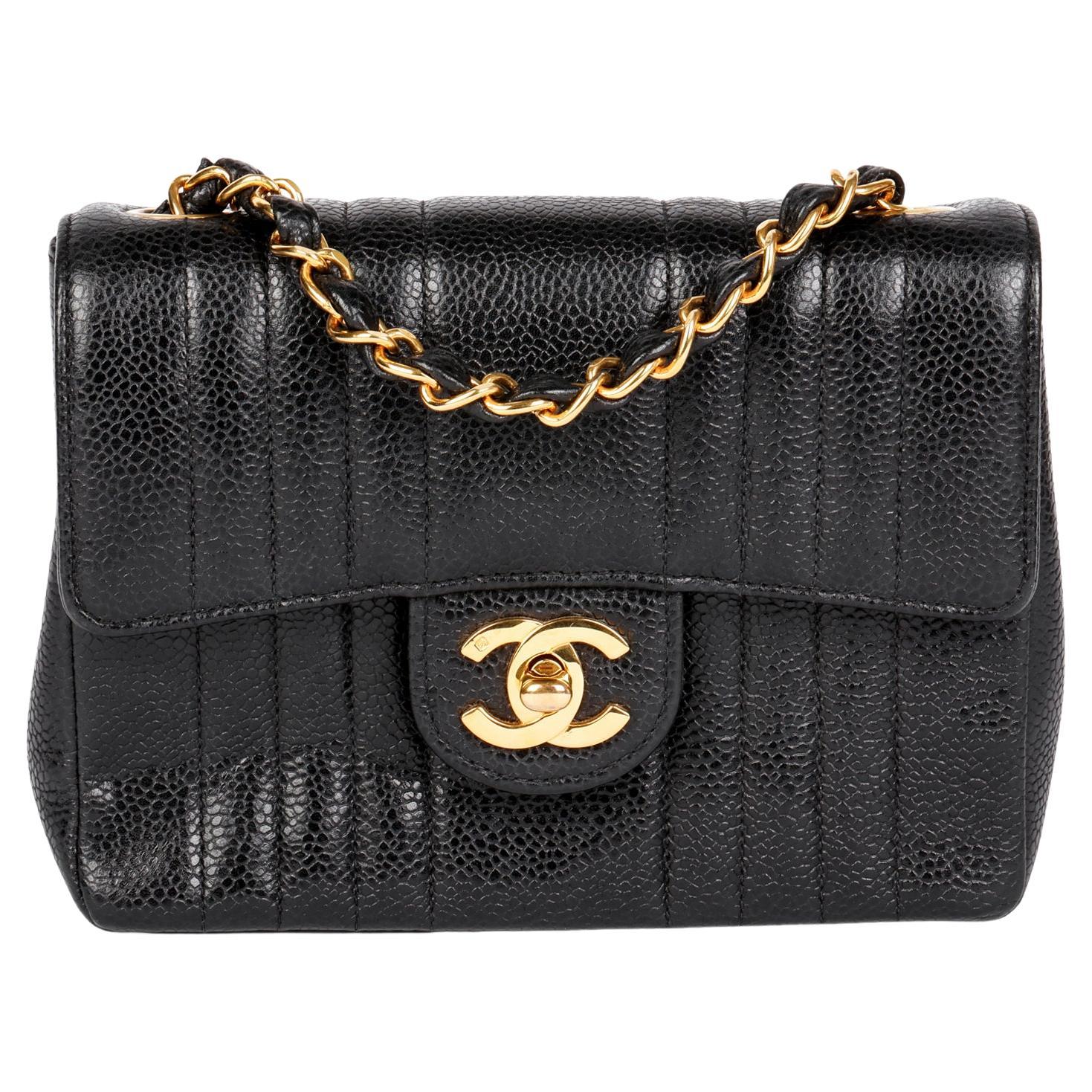 CHANEL Black Vertical Quilted Caviar Leather Vintage Square Mini Flap Bag