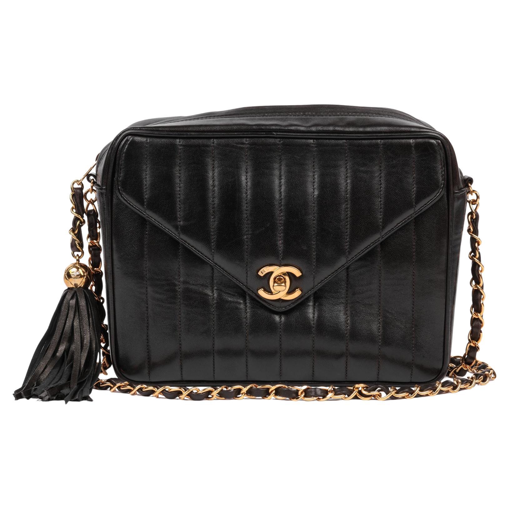 Chanel Black Vertical Quilted Lambskin Vintage Small Fringe