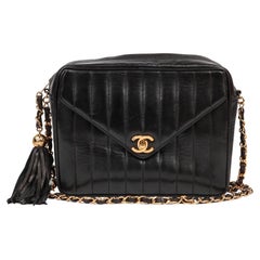 Chanel Black Vertical Quilted Lambskin Vintage Small Fringe Classic Camera Bag