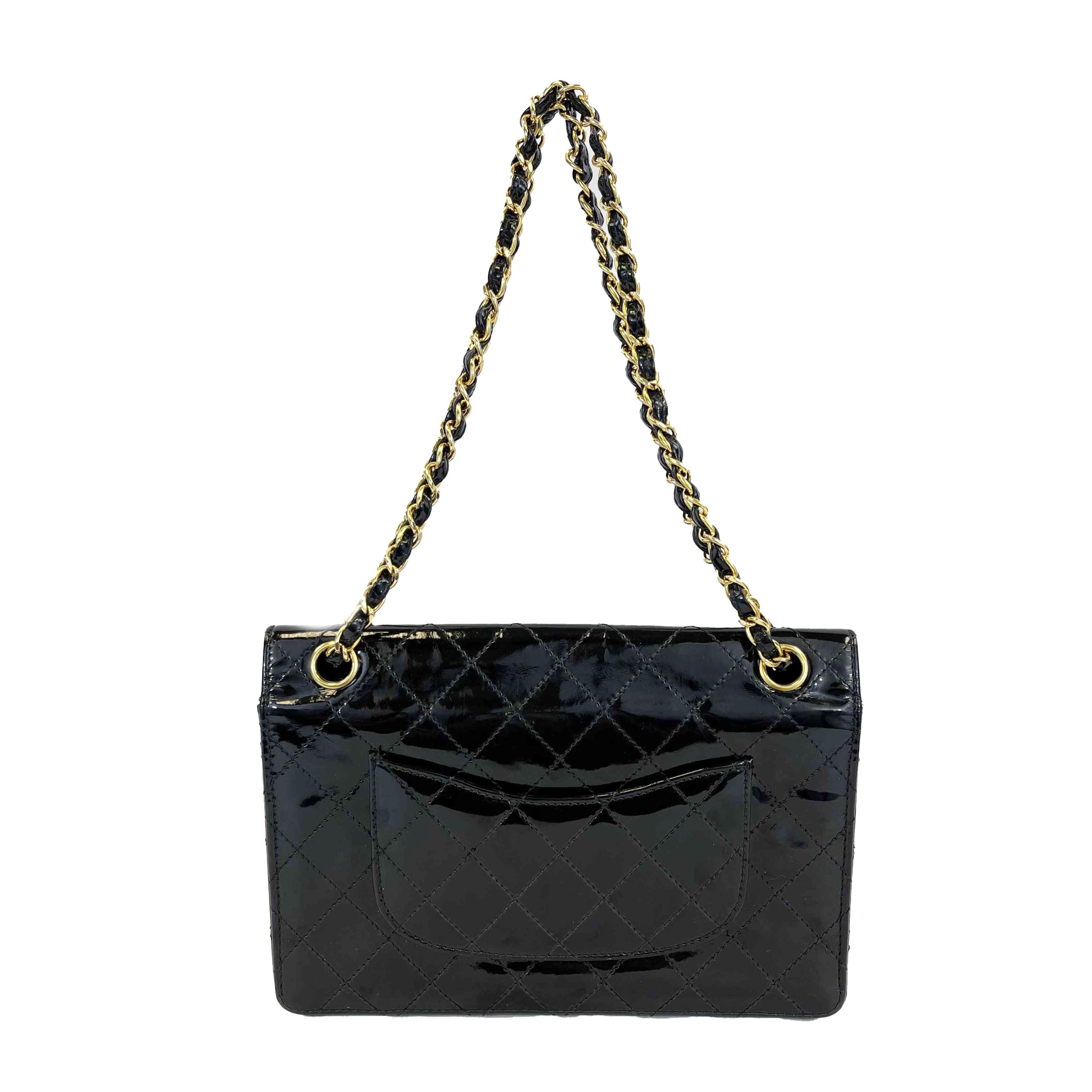 Chanel - Black Vintage CC Turnlock - Patent Quilted Flap - Gold Hardware Handbag 2