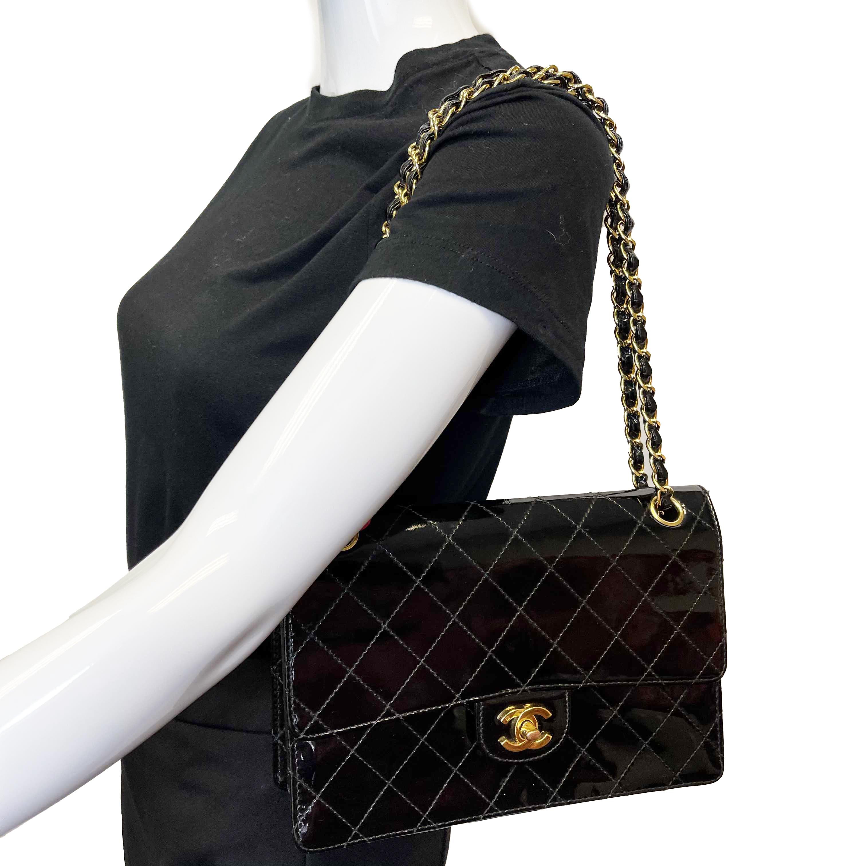 Chanel - Black Vintage CC Turnlock - Patent Quilted Flap - Gold Hardware Handbag 4