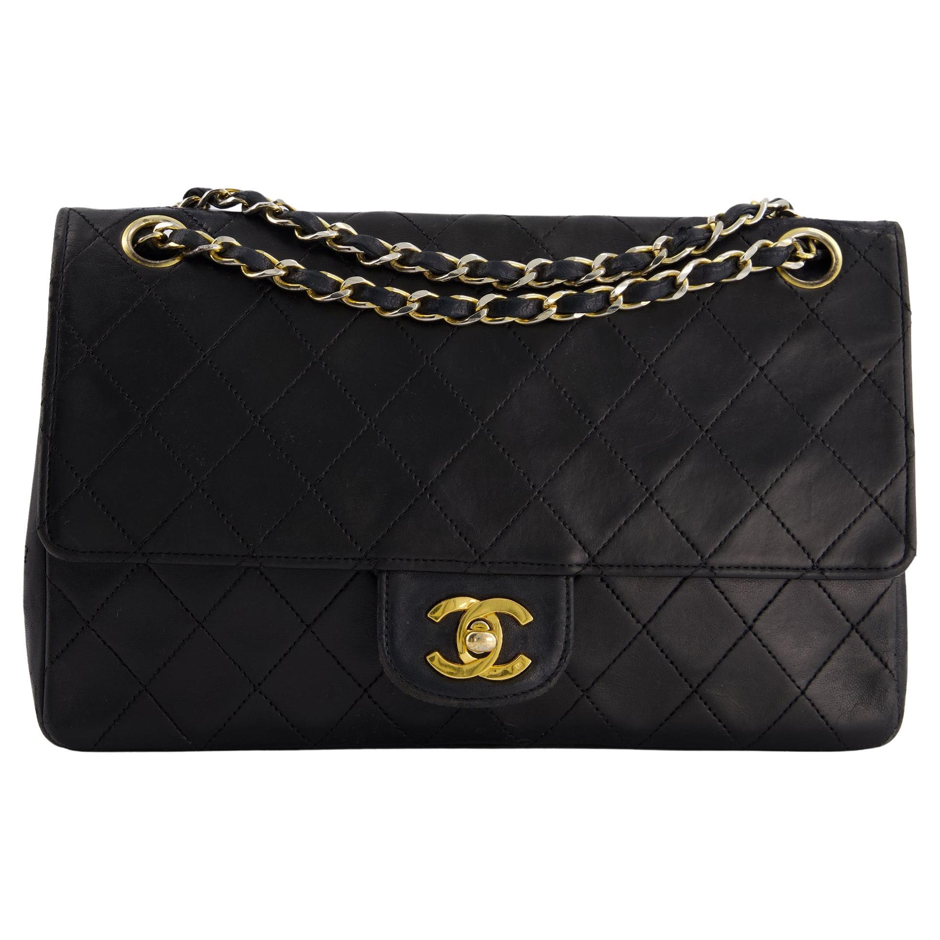 Chanel Black Vintage Classic Stitched Edge Medium Double Flap Bag in Lambskin  For Sale
