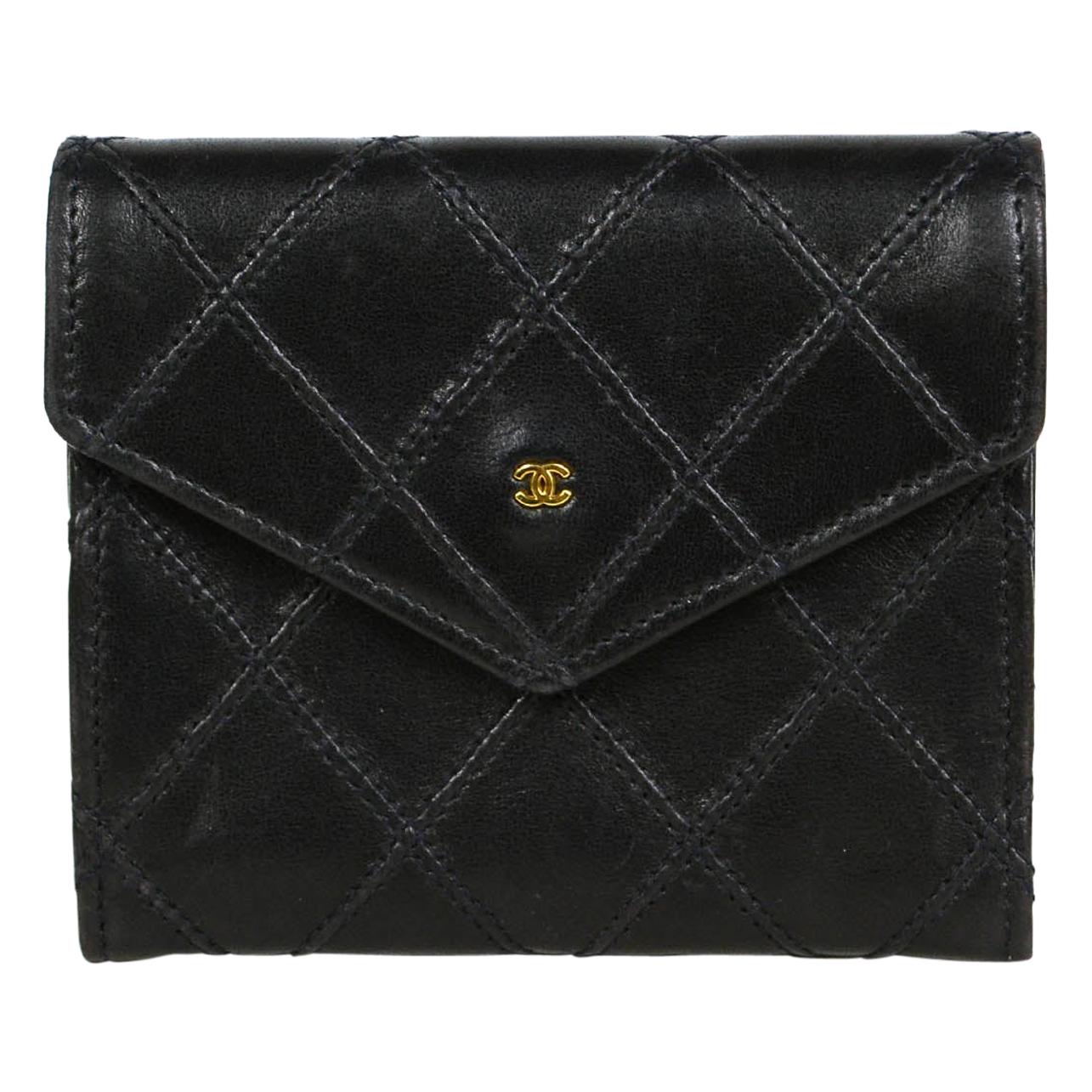 Chanel Black Vintage Lambskin Leather Quilted Card Case Wallet