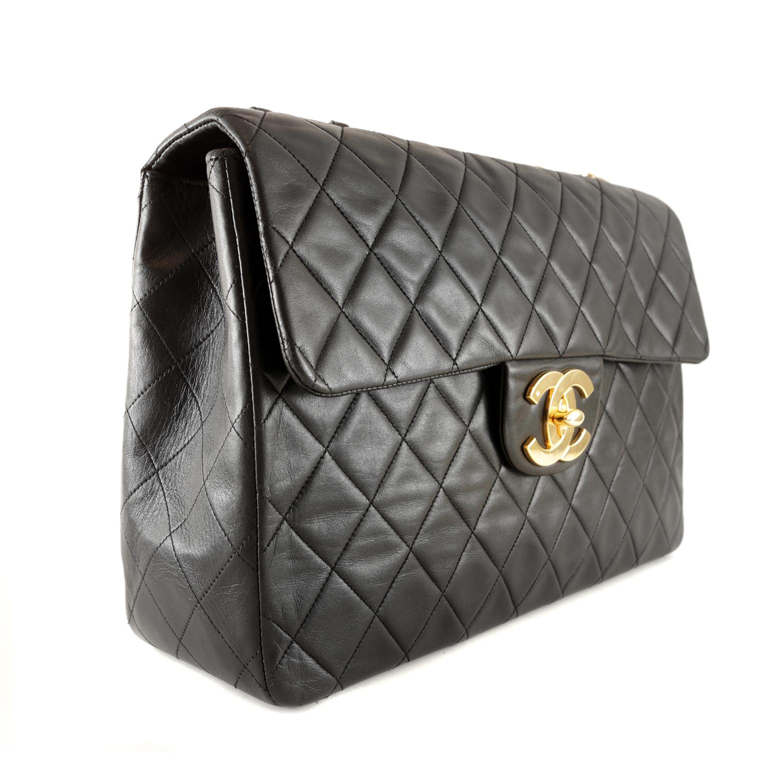 Chanel Black Leather Vintage Classic Flap- excellent plus condition
The timeless style is a must have for any sophisticated wardrobe.  
Black leather is quilted in signature Chanel diamond pattern.  Oversized gold interlocking CC twist lock secures