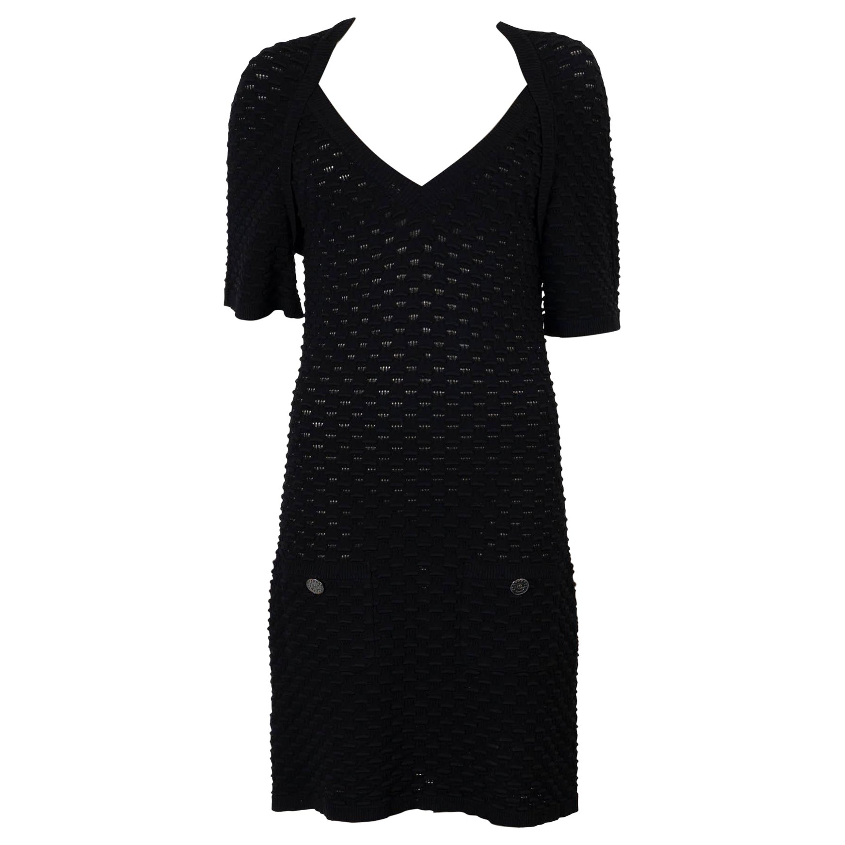 CHANEL black viscose 15C DUBAI TEXTURED KNIT MINI Dress 40 M