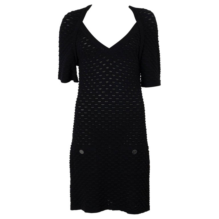 chanel black knit dress NEW Chanel Black Crochet Knit Cocktail Dress LBD 36 at 1stDibs