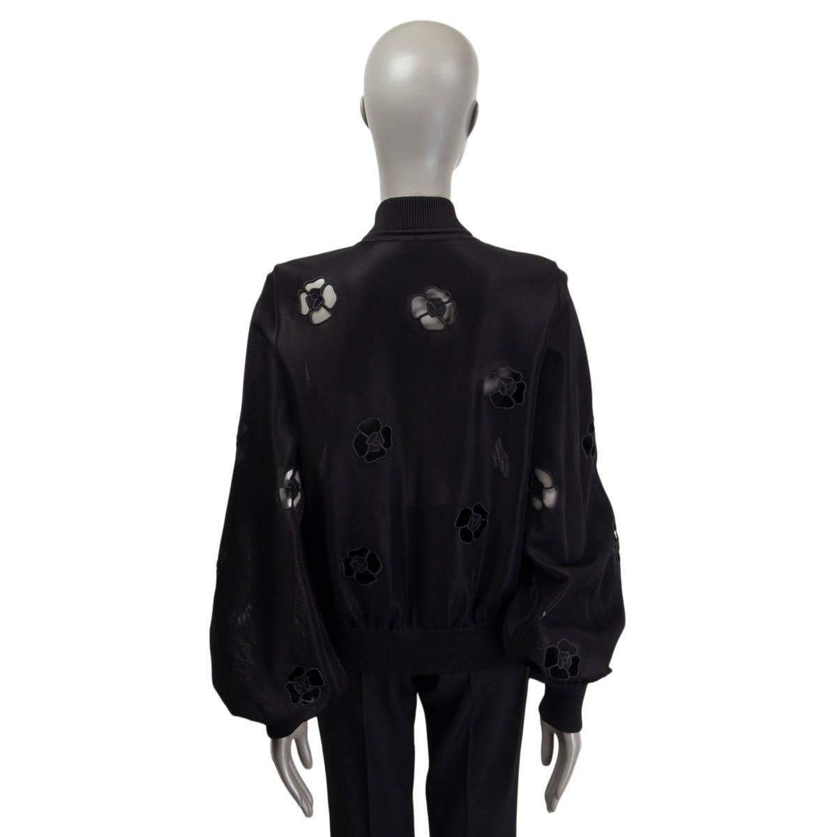 Women's CHANEL black viscose 2018 CAMELLIA CUT OUT BOMBER Jacket 38 S