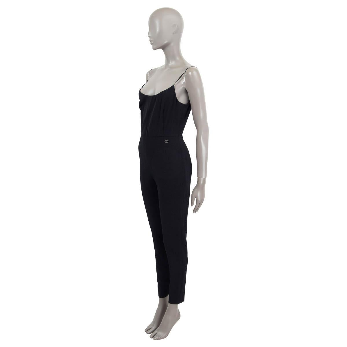 100% authentic Chanel 2019 sleeveless jumpsuit in black viscose (95%) and elastane (5%) with a black silk (91%) and elastane (9%) lining and spaghetti straps. Opens with a zipper at the back. Has been worn and is in excellent condition.