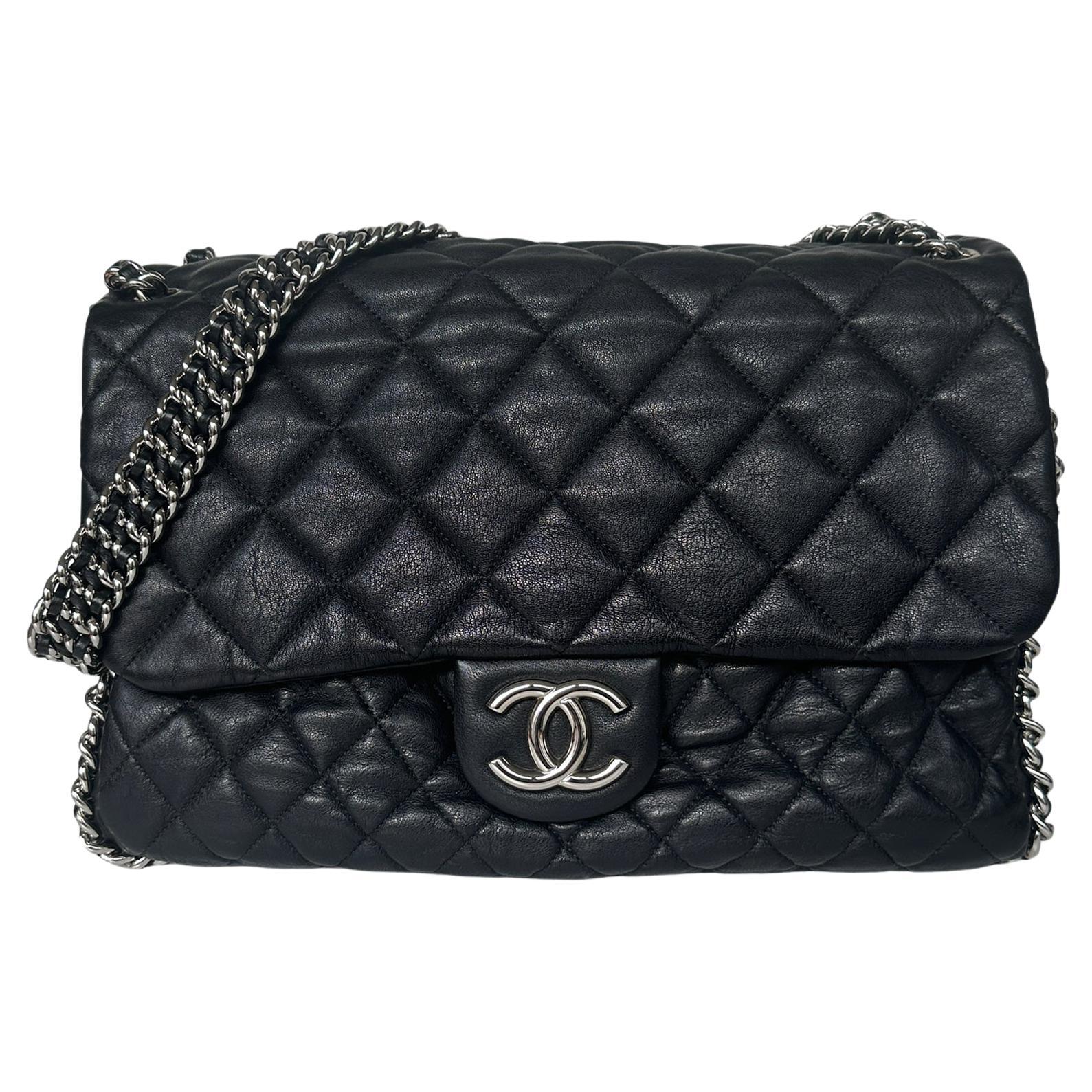 Chanel Black Washed Lambskin Quilted Maxi Chain Around Flap Bag