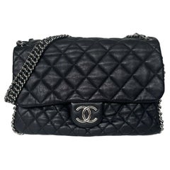 Chanel Black Washed Lambskin Quilted Maxi Chain Around Flap Bag
