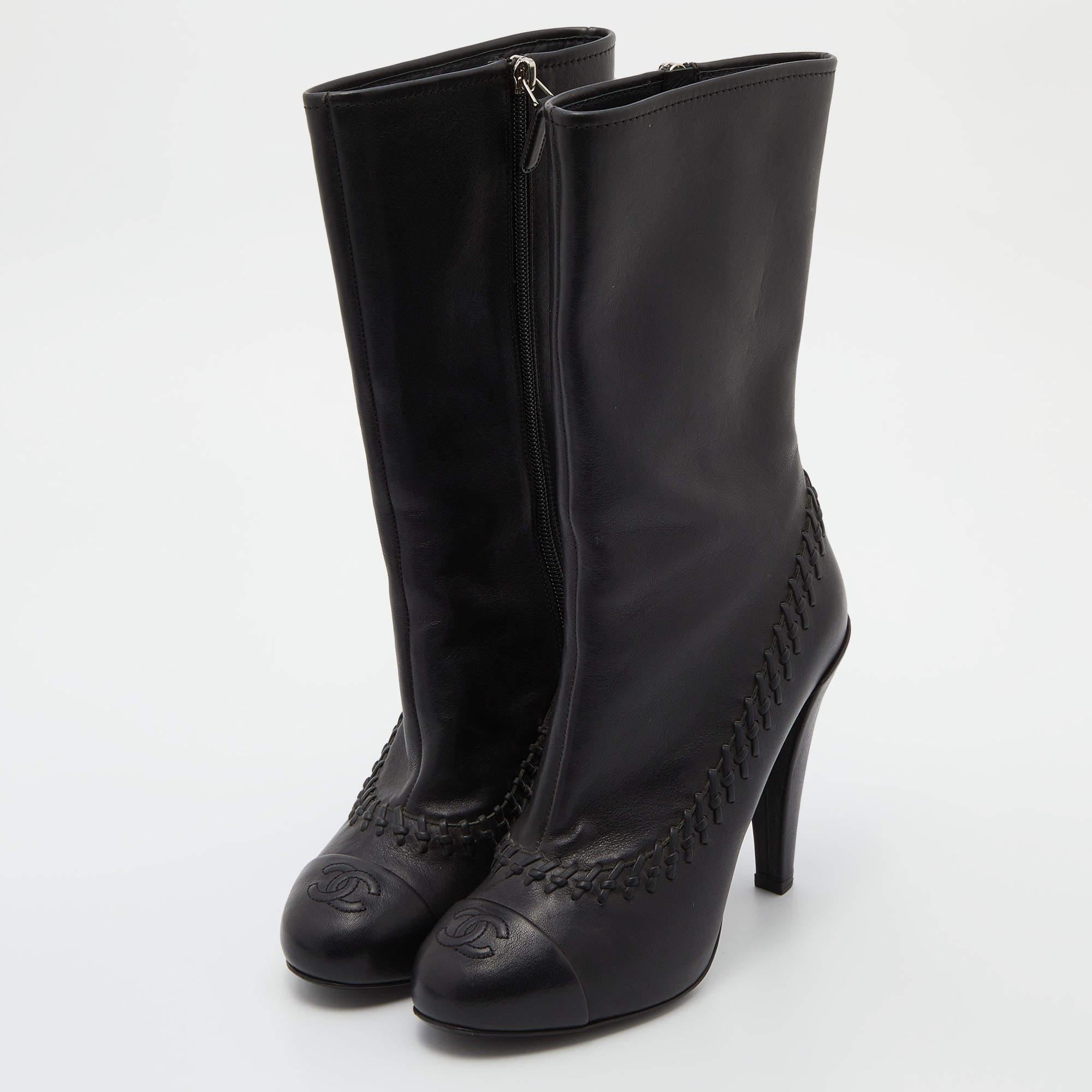 Women's Chanel Black Whipstitch Leather CC Cap Toe Mid Calf Boots Size 38.5