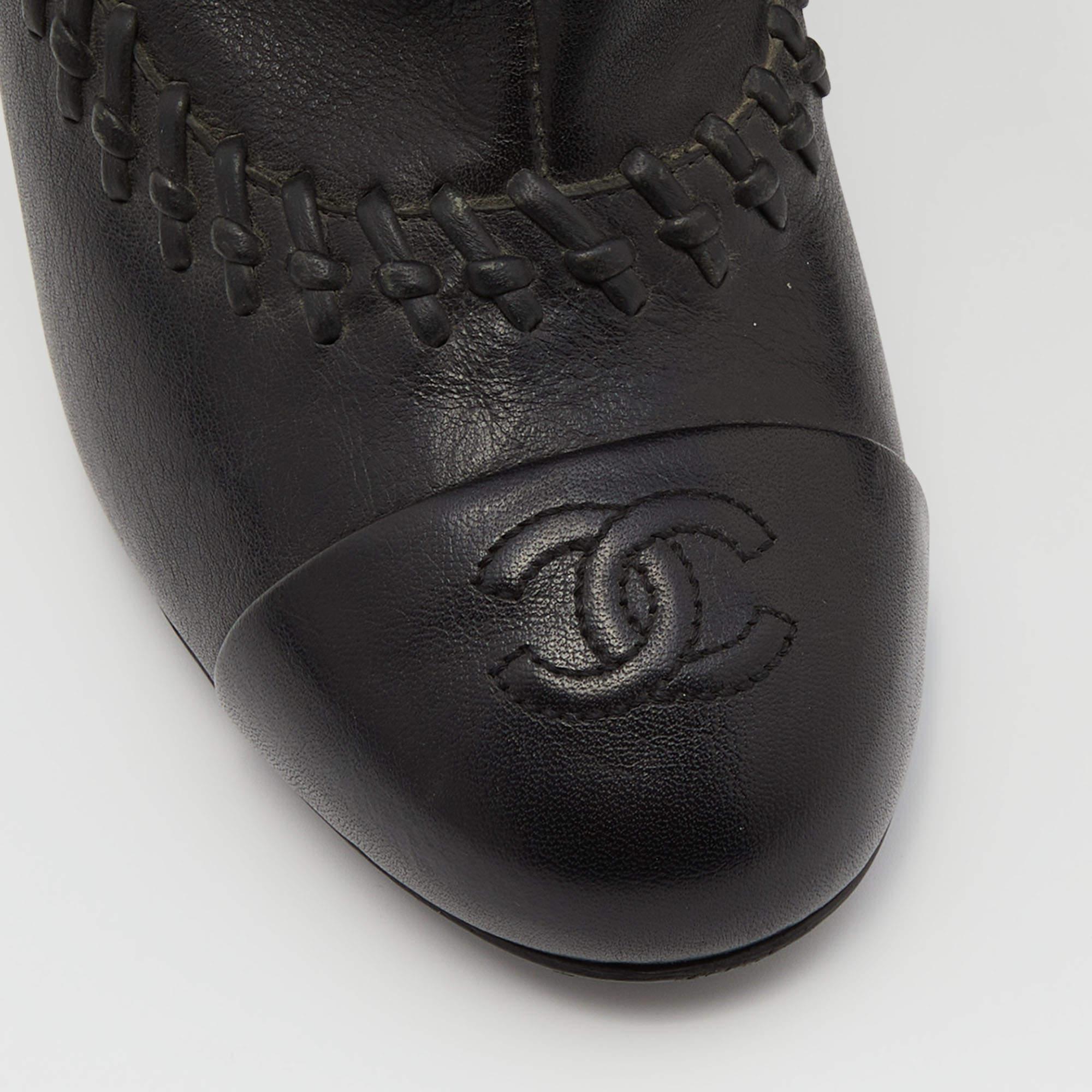 Chanel Black Whipstitch Leather CC Cap Toe Mid Calf Boots Size 38.5 1