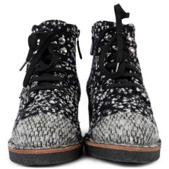 CHANEL black & white 2014 14B TWEED LACE-UP Ankle Boots Shoes 38.5 fit 37.5