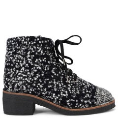 CHANEL black & white 2014 14B TWEED LACE-UP Ankle Boots Shoes 38.5 fit 37.5
