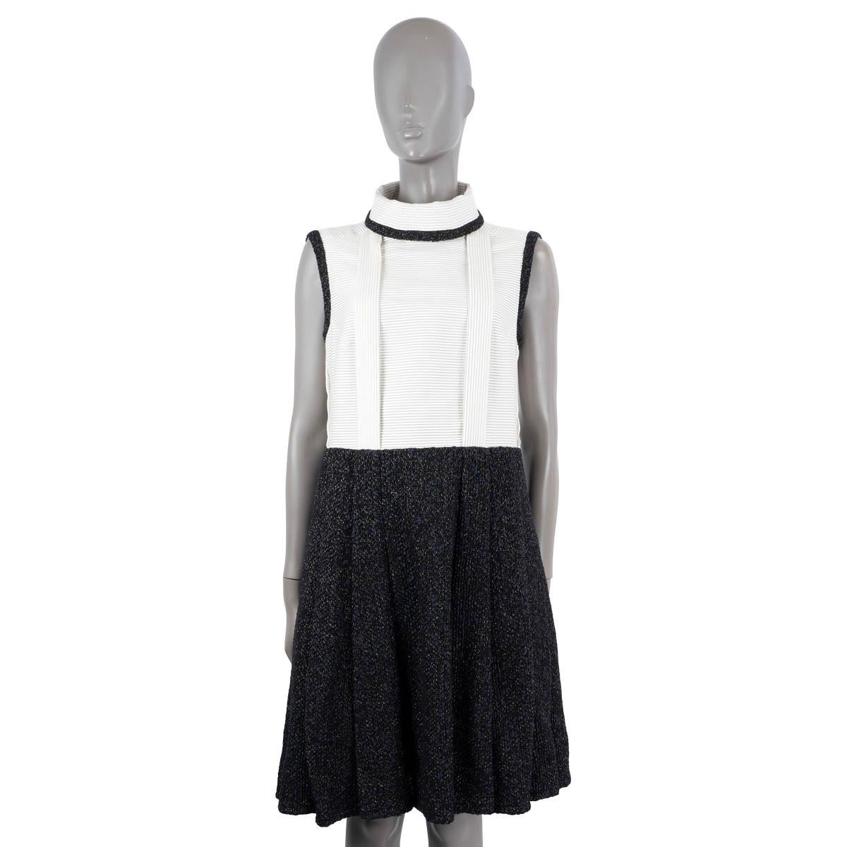 Black CHANEL black & white 2015 15K SLEEVELESS PLEATED TWEED & COTTON Dress 44 XL For Sale