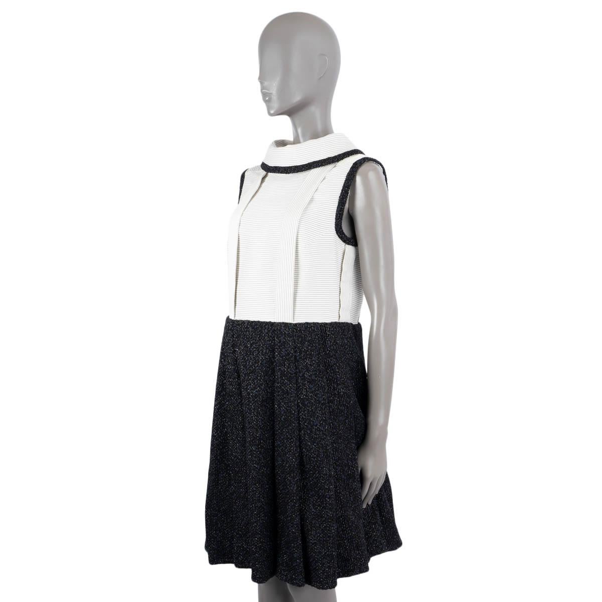 Women's CHANEL black & white 2015 15K SLEEVELESS PLEATED TWEED & COTTON Dress 44 XL For Sale