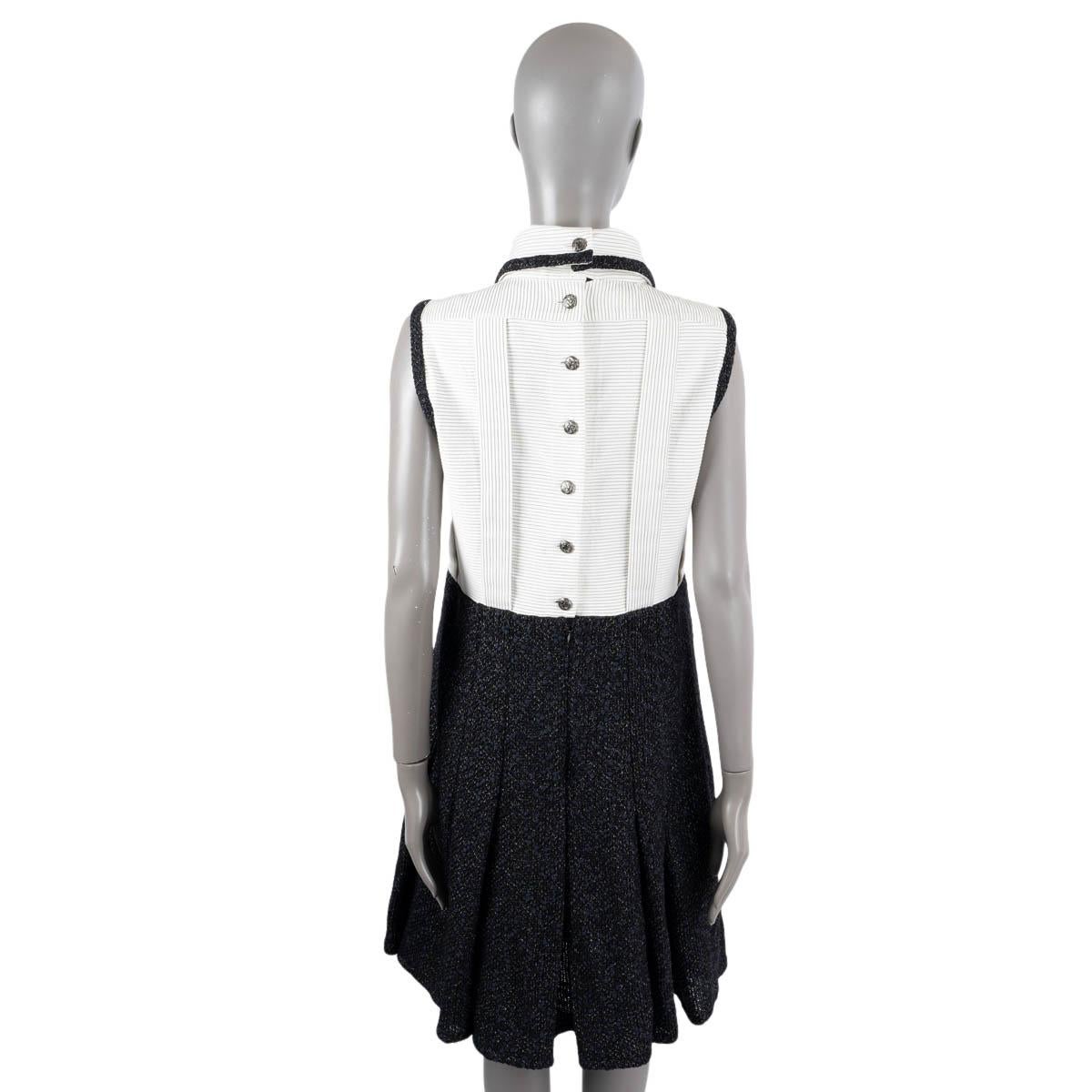 CHANEL black & white 2015 15K SLEEVELESS PLEATED TWEED & COTTON Dress 44 XL For Sale 1