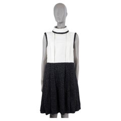 CHANEL black & white 2015 15K SLEEVELESS PLEATED TWEED & COTTON Dress 44 XL