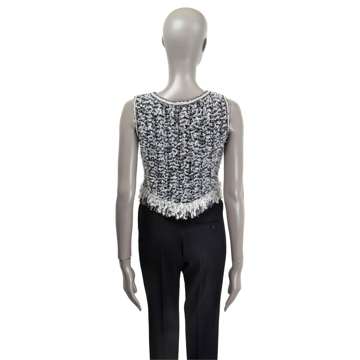 Gray CHANEL black & white 2018 FRINGE TWEED CROP Tank Top Shirt 38 S