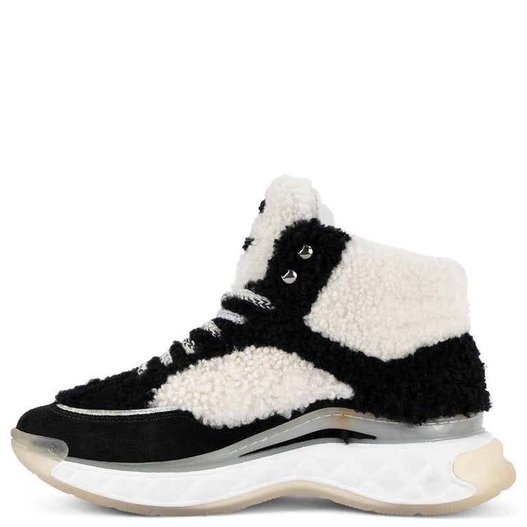 CHANEL black & white 2019 19B SHEARLING Sneakers Shoes 37.5