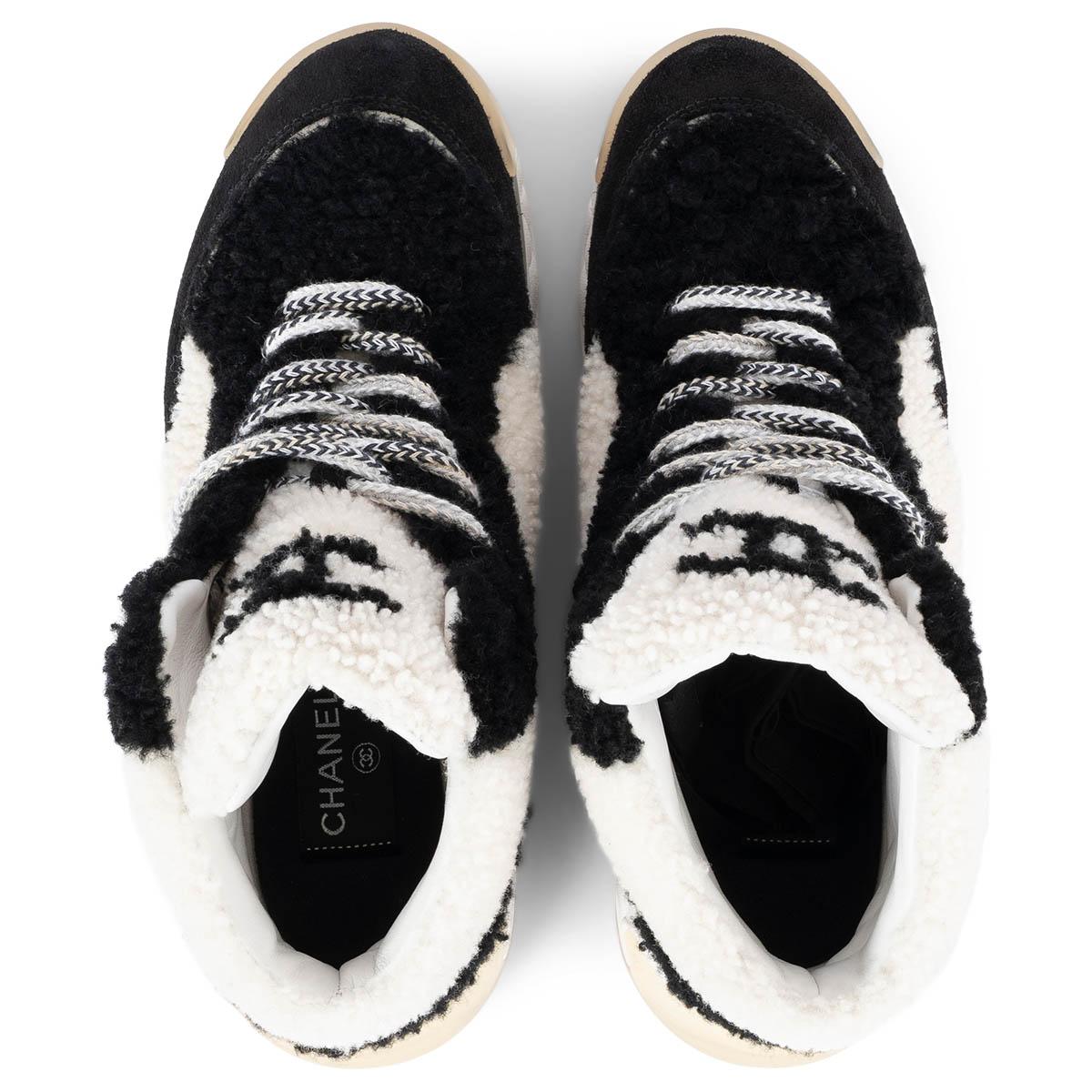 Women's CHANEL black & white 2019 19B SHEARLING Sneakers Shoes 37.5 For Sale
