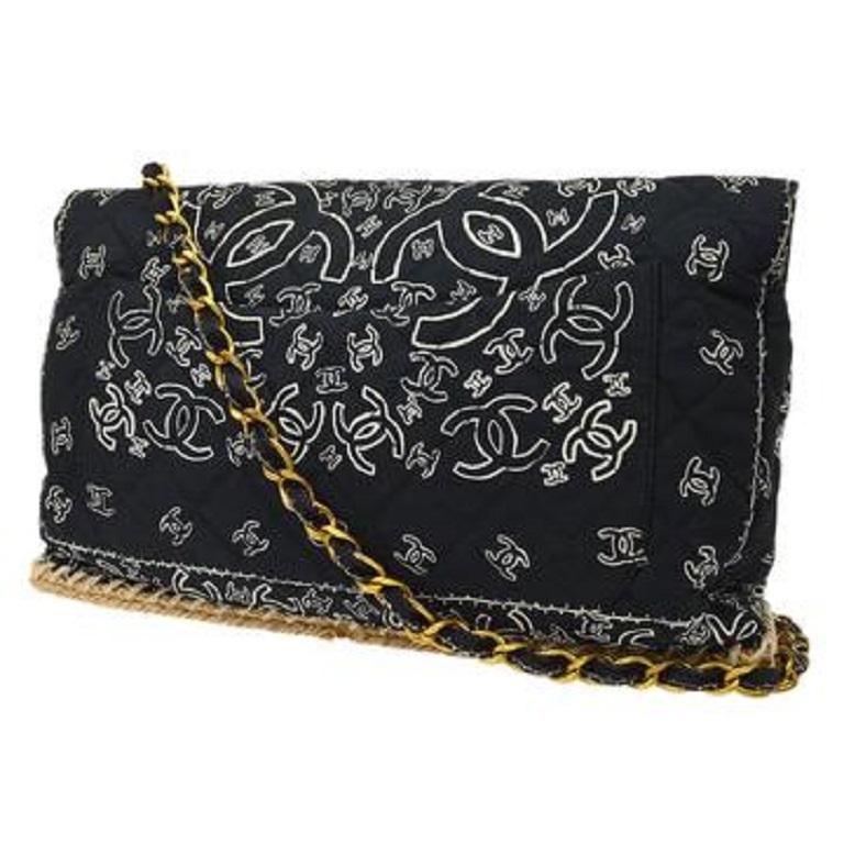 Chanel Black White Bandana Cloth Jute Gold CC Large Evening Shoulder Flap Bag In Good Condition For Sale In Chicago, IL
