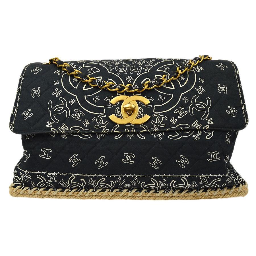 Chanel Black White Bandana Cloth Jute Gold CC Large Evening Shoulder Flap Bag