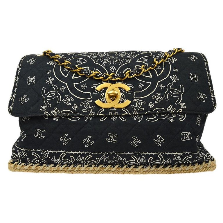 Chanel Black White Bandana Cloth Jute Gold CC Large Evening Shoulder Flap Bag For Sale