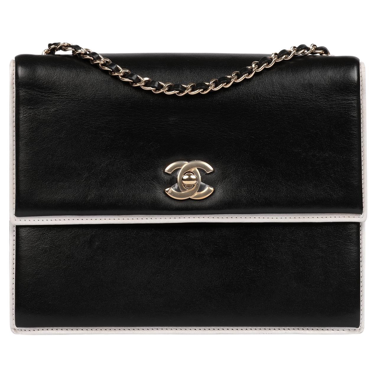 Chanel  Black & White Calfskin Leather Square Frame Single Flap Bag For Sale